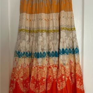 Boho Tiered Orange and Cream Printed Maxi Skirt